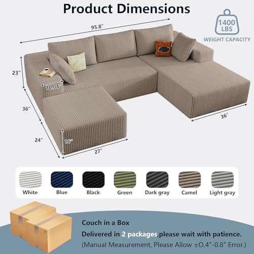 Image of 96 inch W Cloud Sectional Couch with Ottoman,Modern U-Shaped Cloud Couch with Deep Seat,Comfy Corduroy Sofa,Memory Foam Sofa for Living Room,No Assembly (Camel,Right-Facing Chaise)
