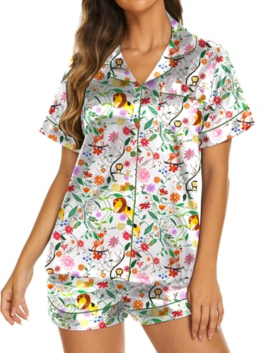 Image of Ekouaer Silk Pajamas for Women Short Sleeve Sleepwear Soft Button Down Loungewear 2 Piece Satin Pjs Shorts Set,White-Animal,M