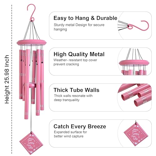Image of ZAICUS Pink Metal Wind Chime for Home & Garden, Outdoor Wind Bell with Hanging Love Quote Pendant, Decorative Wind Chimes for Balcony Decor