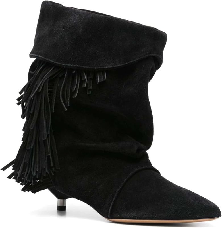 Slouchy Suede Ankle Boots with Tassels Kitten Heel Boots Fold Over Pointed Toe Short Boot for Women Cowgirls Causal Daily Work Winter Dress