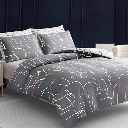 Pamposh Double Duvet Set - Premium Microfibre Reversible Duvet Cover Sets - Bedding Double Bed Set - Double Bedding Polyester Quilt Set (Grey/White/Orange, Double (200 x 200 cm))