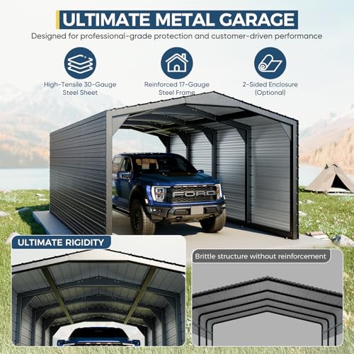 Image of Military-Grade Metal Carport 12x20 FT, Heavy Duty Garage 2-Sided Enclosure | 2x2 inch Steel Poles with Powder Coating, 17-Gauge Walls,100 PSF Snow Load Roof, Hurricane Resistant, Pickup, Truck, Black