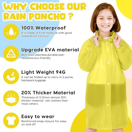 Image of BFONS 2-3 Pack Rain Ponchos for Kids, Reusable Raincoats for Boys Girls with Hood and Sleeves, Waterproof Rain Jackets