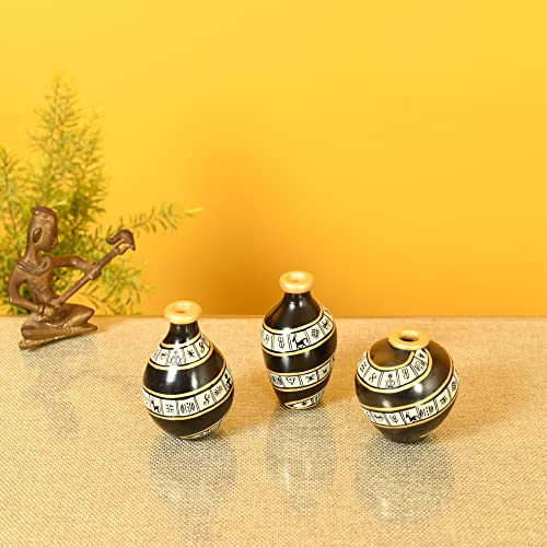 Image of Aakriti Art Creations Black Spiral Terracotta Miniature Decor Vases Set of 3 | Hand-Painted Warli Art Black & Gold | Matte Finish Decorative for Living Room, Table Decor & Gifting