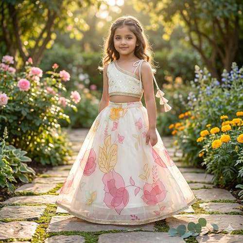 Image of Girls Floral Lehenga Choli Set | Georgette Embroidery Blouse with Organza Printed Lehenga Skirt | Elastic Waist Pull-On Kids Ethnic Wear for Wedding, Festival & Party