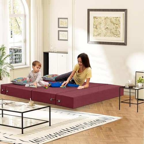 Image of Rosebell Foldable 2 Seater Sofa Cum Bed, Sofa Bed 4X6 Feet, Jute Fabric- Washable Cover- Including Two Cushion Perfect for Home & Office-Red Color