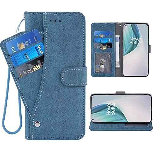 ELISORLI Compatible with OnePlus Nord N100 Wallet Case Wrist Strap Lanyard Leather Flip Card Holder Stand Cell Accessories Phone Cover for One Plus N 100 4G 1 Plus 1plus One+ 1+100N Women Men Blue