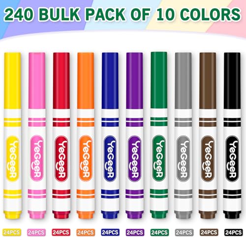 Image of YEGEER 240 Count Washable Markers Bulk - 10 Assorted Colors, Broad Tip Markers for Kids, School and Teacher Classroom Supplies, Perfect for Art and Coloring.(240)