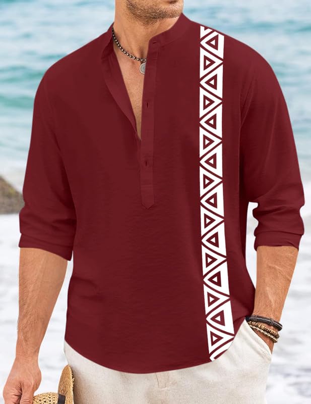 Image of FINIVO FASHION Men's Short Kurta with Printed Geometric Side Panel | Cotton Blend Full Sleeve Ethnic Topwear with Mandarin Collar | Stylish Indo-Fusion Kurta for Daily, Festive, or Casual Wear