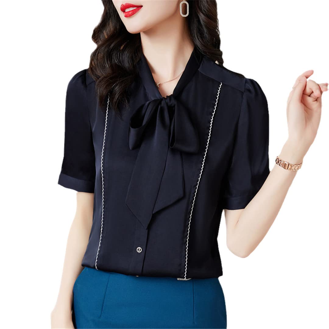 Elegante camisa de verano de manga corta con lazo de moda formal de satén blusas oficina señoras trabajo tops