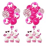 Olwyn Hot Pink Balloons for Barbie Party with Princess Cupcake Toppers Hot Pink Bow Print Balloons Glitter Hot Pink Doll Head Lip Handbag Cupcake Picks for Birthday Baby Shower Decorations for Girl