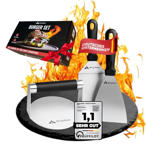 BERGVIBES Burger Smasher 3tlg.,Smash Burgerpresse. aus Edelstahl,Grillspachtel Set,Smash Burger Set,Plancha Spachtel Set, Smasher,Smashed Burger Presse,