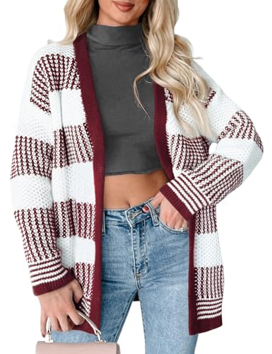 VIMPUNEC Fall Cardigan Sweaters for Women Color Block Knit Striped Jackets Long Sleeve Open Front Outwear Coats