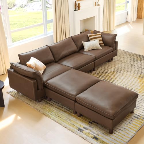 Image of CHITA 127 inch Leather Super Large Sectional Couches for Living Room, Modular Sectional Sofa, Premium Genuine Leather Sofa, Down Filled, High Density Foam, Real Leather in Coffee Brown, 5 Seat U Shaped