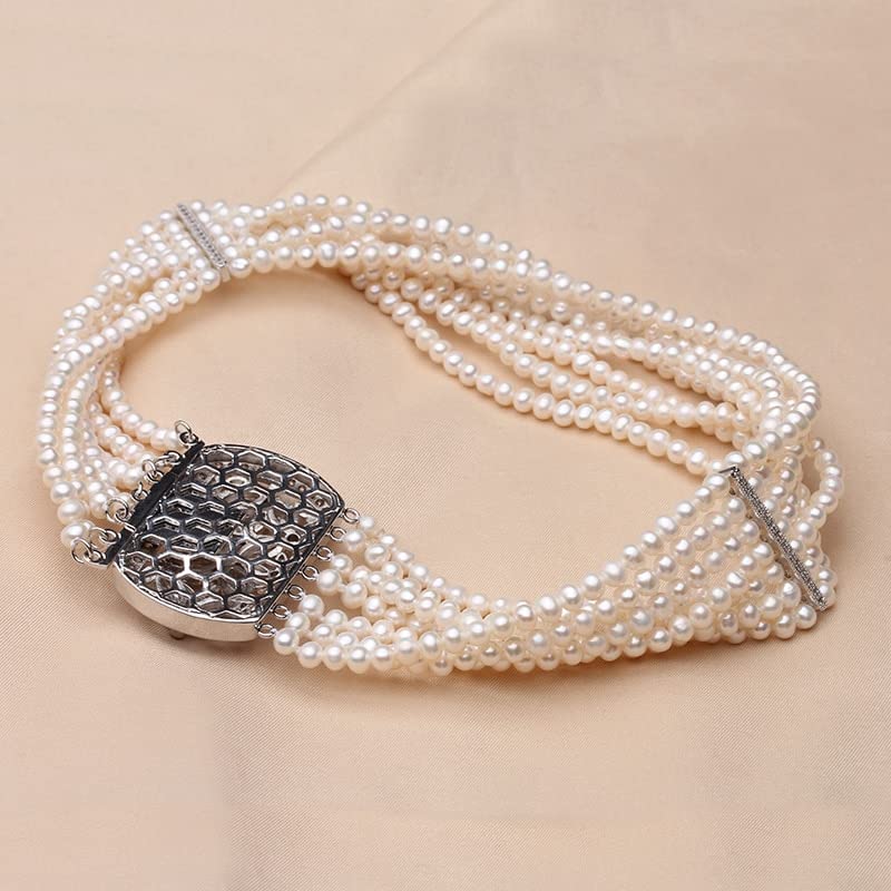 Collana con Vere Perle d'Acqua Dolce Piccole da Donna, Collana Multistrato Bianca A 7 File, Regalo di Fidanzamento, Ciondolo（35Cm）