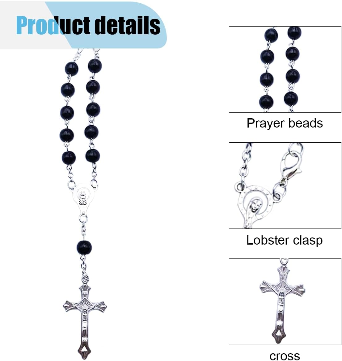  Car Rearview Mirror Decoration, Rosary Car Pendant, Cross Medal Hanging Ornament, Personalized Blessing Bead Decoration, Black thumbnail