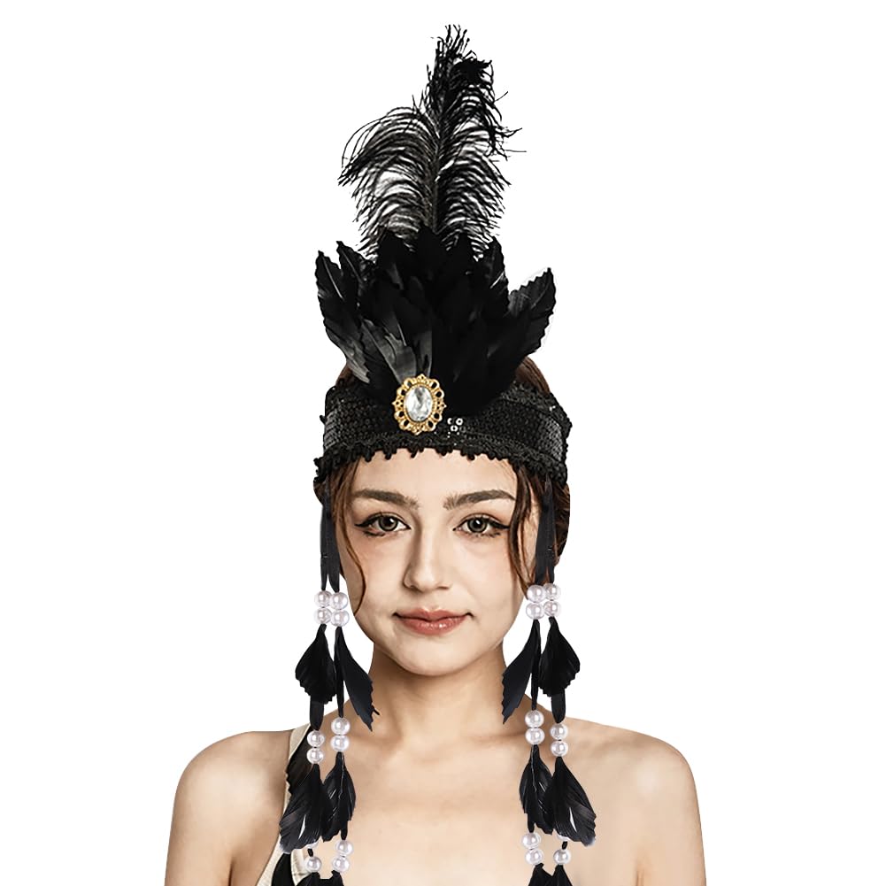 SIQITECHUK Indian Feather Headband Native American Headdress Mardi Gras Indian Fancy Dress Indian Costume Feather Head Band Feather Headpiece Carnival Halloween Cosplay Party Props Hair Accessories
