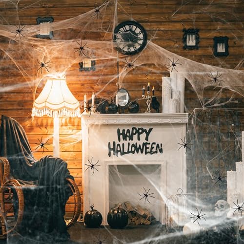 YORFULL Halloween Spider Web 200g with 30pcs Fake Plastic Spiders Halloween Decorations for Indoor Outdoor Stretchable White Cobwebs Window Decorations