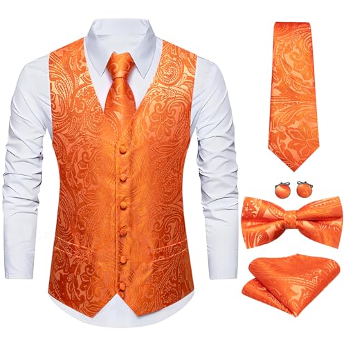 Image of Barry.Wang Men's Suit Vest Tie Bowtie Set Formal Silk Paisley Waistcoat Hanky Cufflinks Lapel Pin Set Wedding Party 7PCS