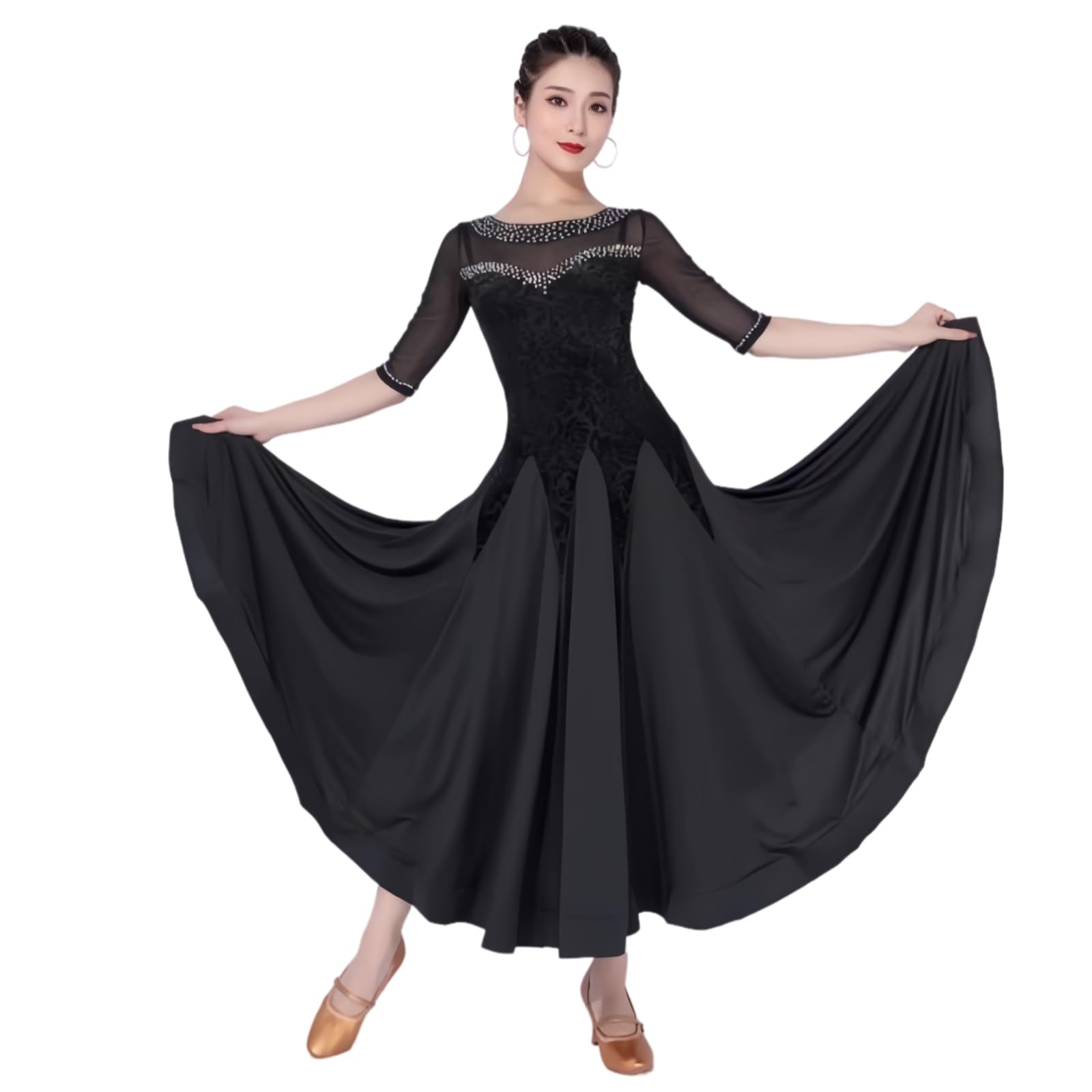 Damen Standard Ballroom Tanzkleid, Elegantes Walzer Turnierkleid Modisches Tanzkleid Mit Halbärmeln Und Strasssteinen Tanzkostüm Mit Weitem Schwingendem Rock Für Aufführung