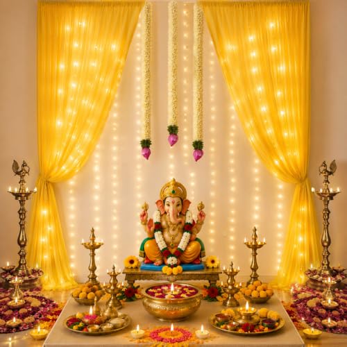Image of SpecialYou Ganpati Decoration Setup for Home with Lotus Buds Hanging & Yellow Backdrop Cloth for Decoration Pooja Room Decorations Items, Home Decor Items, Ganpati Backdrop Decorations- 9 Pcs
