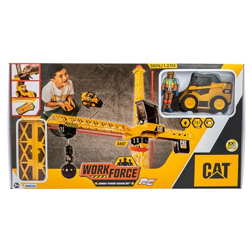 Image of Cat Construction Workforce Jumbo Tower Crane Set, 50-Inch RC Crane Toy with 360-Degree Rotation, Hook and Wrecking Ball, Light, Skid Steer and 4 inch Figure, USB Rechargeable, Ages 5+