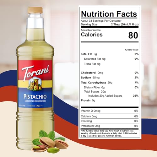 Image of Torani Pistachio Syrup 1L with Pump Nutty Flavoring for Lattes & Cocktails