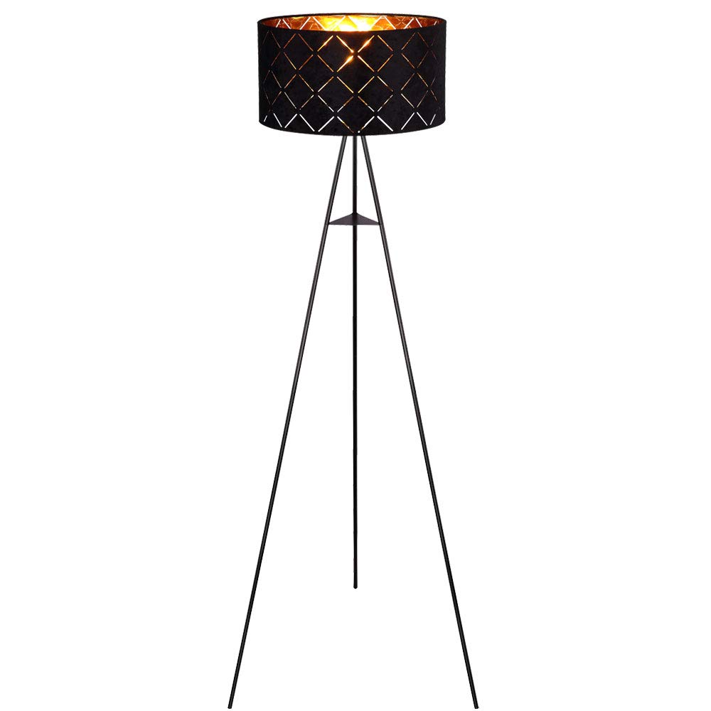 LED Stehlampe Stehleuchte Beistelllampe Wohnzimmerlampe Schlafzimmerleuchte Stativleuchte, 3 Beine textilschirm schwarz gold, 9W 810 lm warmweiß, DxH 69x149cm