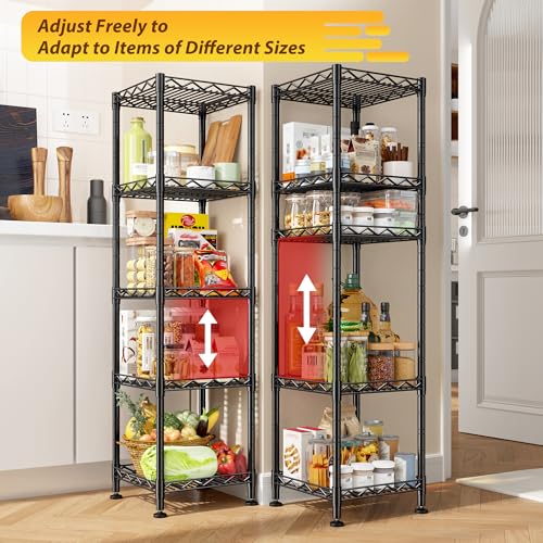 Image of 5 Tier Metal Shelving Unit Adjustable Storage Shelves Wire Shelves Storage Rack Standing Bathroom Shelf and Narrow Small Shelf for Kitchen Pantry Closet Laundry Dorm Office 12''Wx12''Dx49''H Black