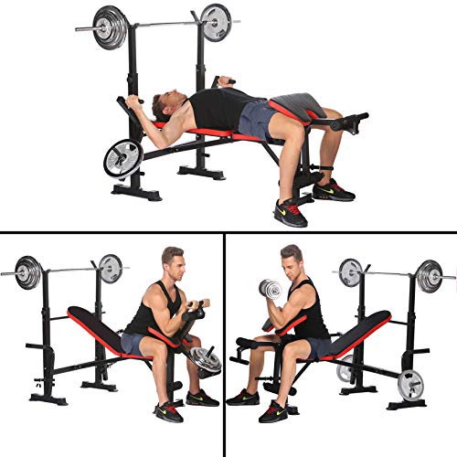 elifine Folding Adjustable Olympic Weight Bench Power Tower Workout Dip Station with Preacher Curl Leg Developer Multi-Functional Weight Bench Set for Indoor Gym Home Fitness Exercise (Black Red)