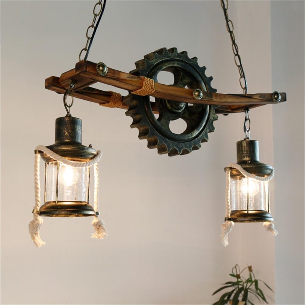 BLOOHK Industrial Steampunk 2-Light Pendant Light, Vintage Wood Gear Chandelier Rustic Ladder Hanging Fixture for Dining Room, Kitchen Island, Bar, Loft
