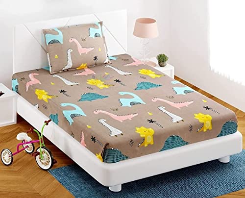 Image of KAWI Elastic Fitted Bedsheet Single Bed Glace Cotton with 1 Pillow Cover,200 TC (Size 72X48X up to 8 Inches Mattress) - Brown Color