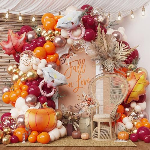 Enanal Fall in Love Balloon Arch Kit 152pcs Burgundy Orange Gold Latex Balloons with Pumpkin/Maple/Ring Foil Balloons for Fall Party Bridal Shower Decorations Thanksgiving Baby Shower Decor