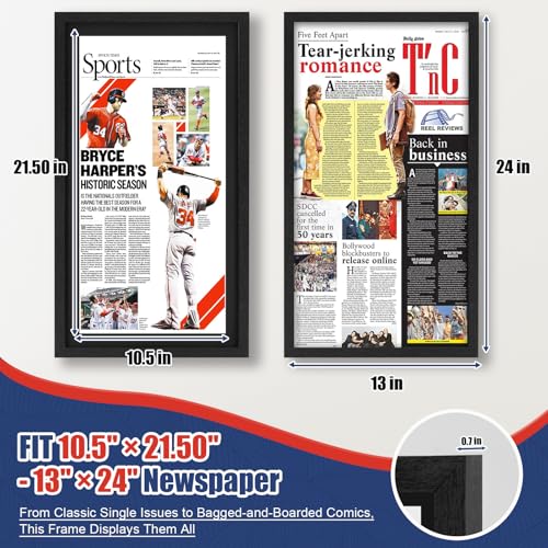 Image of JupDec 11 x 22 Up to 13 x 24 Newspaper Frame, Premium Wood Display Case with Acrylic Panel, Wall Mount or Tabletop Stand, Perfect for Home & Office Decor, Ideal Gift for Collector, 3 Pack, Black