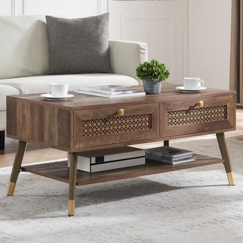 Mid Century Modern Coffee Table with Storage Drawers & Open