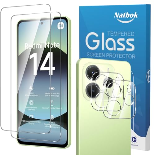 Natbok 2+2 Piezas Protector de Pantalla para Xiaomi Redmi Note 14 4G con Protección de Cámara,Cristal Templado,Dureza 9H,Antihuellas,Sin Burbujas,Ultra Transparente Premium Vidrio Templado