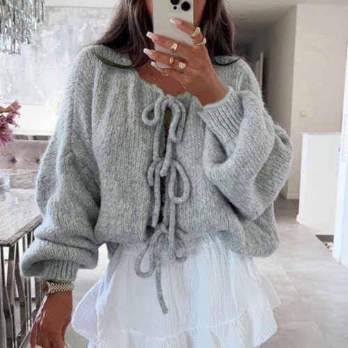 Image of Women Knitted Tie Front Cardigan Tops Casual Knitwear Top Long Sleeve Open Front Baggy Sweater Y2k Girls Outwear