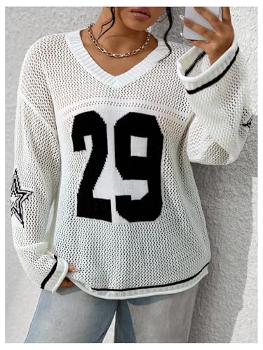 Women's Plus Size Jersey Shirts Number Graphic Hollow Out Sweater Long Sleeve V Neck Knit Pullover Tops Black and White Plus X-Large Plus3