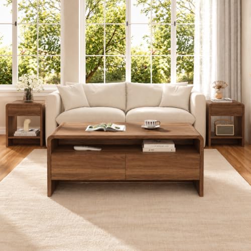AMERLIFE 3-Piece Living Room Table Set, Includes Coffee Table & 2 End Tables, Modern Coffee Table Sets with Large Storage Drawers & Smooth Rounded Edges, Brown