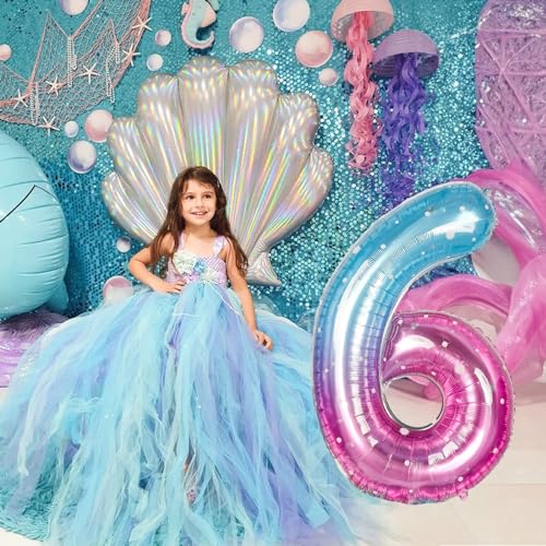 Image of 40 Inch Balloon Number 6 Blue Pink, Large Foil Mermaid 6 Balloons Number for Women, Starry Rainbow Globos de Numero 6 Helium Balloons for Girls 6th Birthday Anniversary Graduation Party Decorations