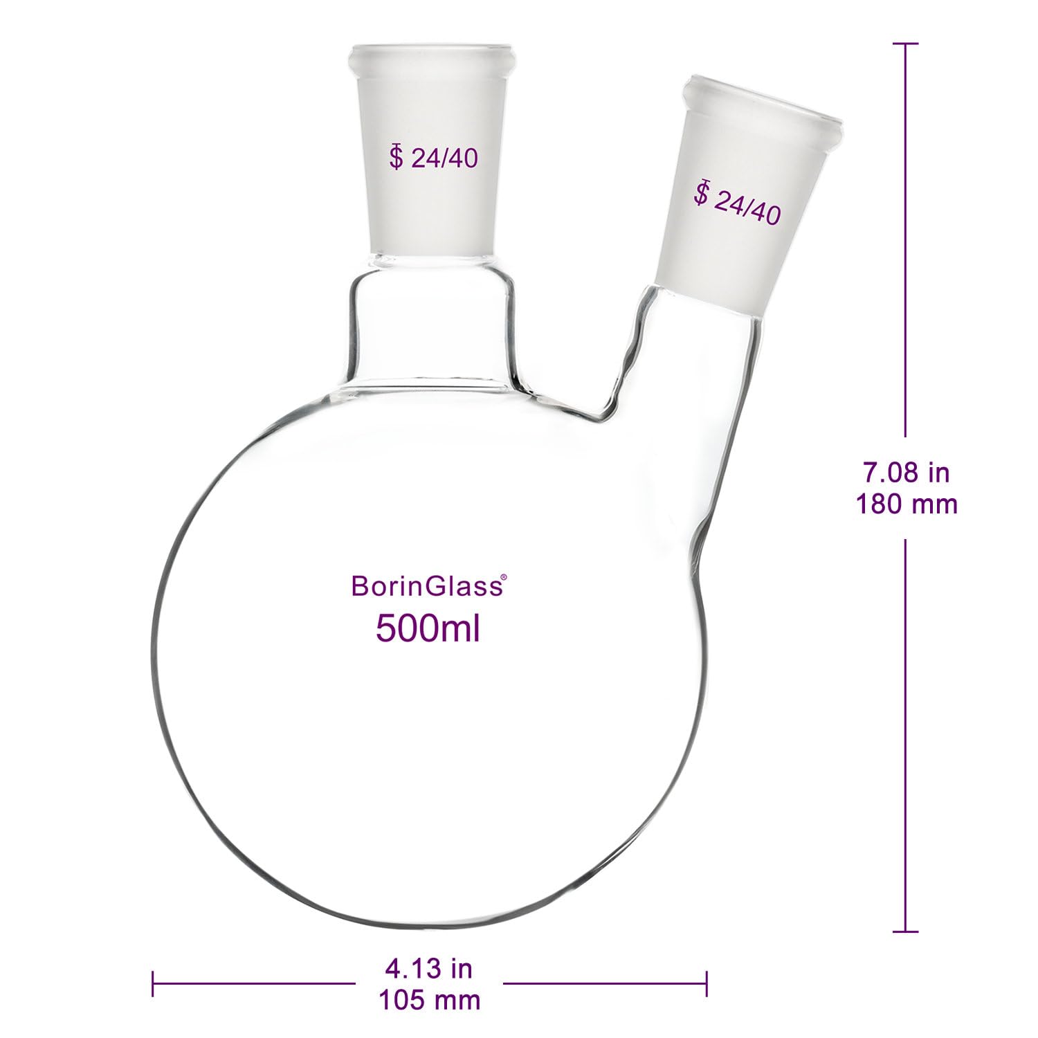 BorinGlass Two Necks Round Bottom Flask RBF, Glass 2-Neck Boiling Flask with 24/40 Standard Taper Outer Joint, 500 ml