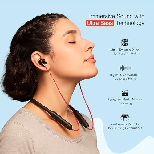 Image of Walta NEO 3 Bluetooth Neckband (in-Ear) with ENC, 45H Playback, Bluetooth 5.4, Type-C Quick Charge & Powerful Bass - Red Color
