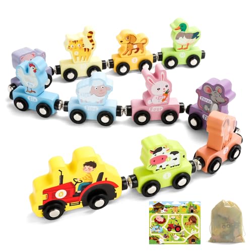 TenFans Treno Magnetico Educativo - 11 Animali in Legno per Bambini 1-4 Anni, Giocattolo Montessori Regalo Compleanno con