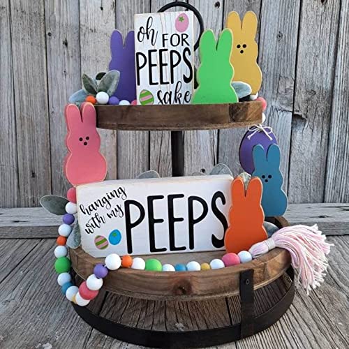 Easter Tiered Tray Decor, Rustic Wooden Farmhouse Easter Tiered Tray Ornament Home Decoration, Rabbit Greenery Flowers Easter Eggs Rolling Pins Wooden Bead Garlands for Holiday Decor