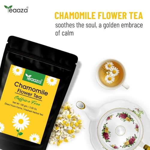 Image of Teaaza Chamomile Flower Tea, 100 Grams-100+Cups, For Sleep, Relaxation, Anxiety & Stress Relief | Calming Herbal Tea - Caffeine Free - Flower Based - Non-Bitter | Diwali Gift for Family, Friends & Corporate Gifting