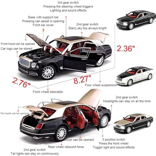 Image of FEXXA 🏎️ Exclusive Alloy Metal Pull Back Die-cast Car Model with Sound Light Mini Auto Toy for Kids Metal Model Toy Car with Sound and Light (1.24 Scale Bently MULSANNE-Golden)