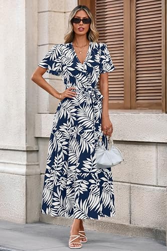 Image of MASCOMODA Womens Summer Swiss Dot Maxi Dresses Wrap Boho Floral Long Dress | V Neck Wrap Dress, Flutter Short Sleeve, Tie Waist, Flowy A Line, Tiered Ruffle Hem, Elegant Spring Wedding Guest Dresses