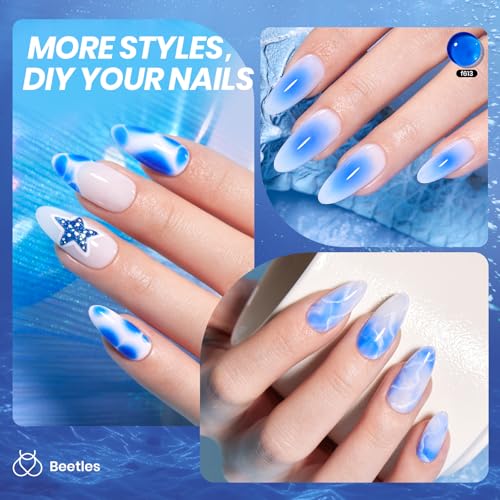 Image of Beetles Blue Gel Nail Polish, 15ML Deep Blue Jelly Gel Polish Sheer Translucent Effect Neutral Nail Polish Soak Off UV Abyssal Secrets Series French Nail Art Manicure Salon Gift for Women