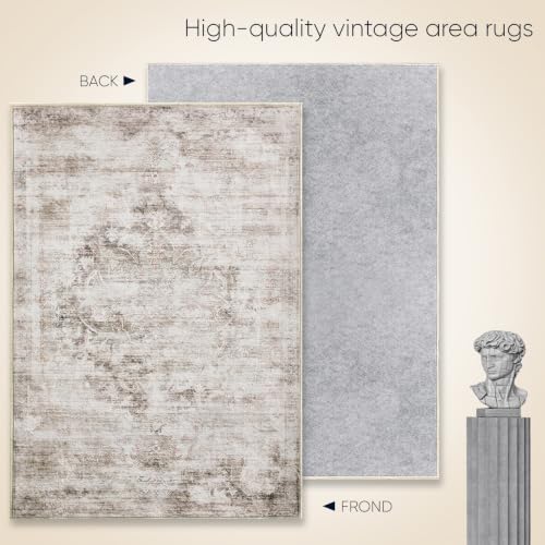 Image of 2'x3' Rugs for Living Room Bedroom, Washable Area Rugs, Pet & Kid Friendly Low Pile Carpet, Non-Shedding Non-Slip TPE Backing, Vintage Distressed Print Floor Mat for Bedroom Dining Room, Brown