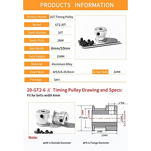 Polea de distribución GT2 de aluminio mecanizado con taladro central de 6mm 3